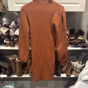 Brown Ribbed Bishop Sleeve Sweater Dress